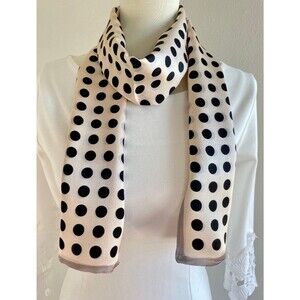 100% Mulberry Silk Skinny Scarf Polka Dot Neckerchief Cream/Black Double Sided